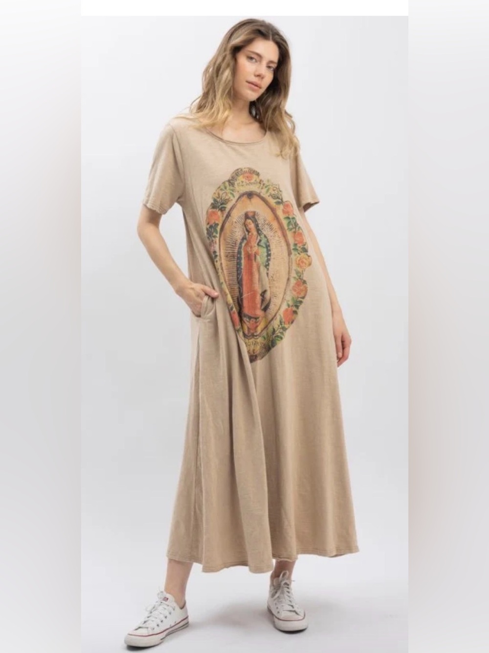 Blue Velvet virgin Mary maxi t shirt dress taupe Magnolia M NWT - Picture 2 of 4